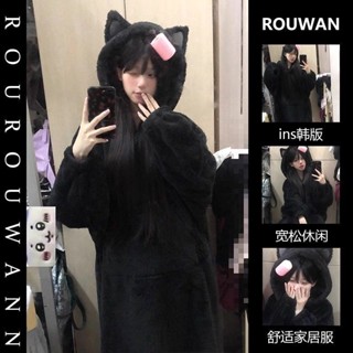 【睡衣專賣鋪】可愛黑色小貓耳連帽珊瑚絨睡衣女冬季新款加絨加厚保暖家居服睡袍