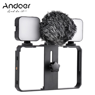 影片籠 Andoer 智慧手機視頻籠套件包括 2 個迷你 LED 補光燈 + 帶防震架的迷你麥克風 + 手持智慧手機影片