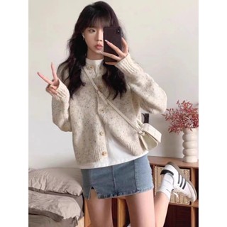 MJqueen 2024新款針織藍點點小外套圓領一線成衣點子寬鬆毛衣外套長袖上衣
