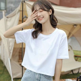 胖胖美依 上衣 T恤 短袖上衣M-2XL短款短袖夏季高腰時尚韓版修身圓領白色性感上衣-6708.