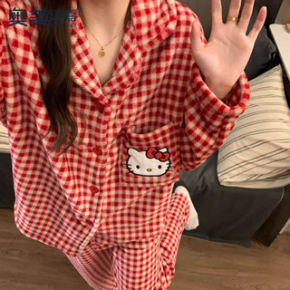 HelloKitty睡衣女秋冬季珊瑚絨日系紅色格子卡通法蘭絨家居服套裝