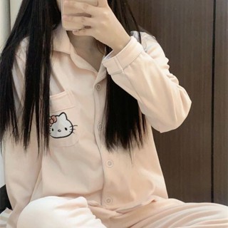 【有幸時光】德絨睡衣女 甜美HelloKitty睡衣 春秋冬季睡衣 加絨加厚睡衣 保暖睡衣 粉色少女睡衣居家服套裝 純色