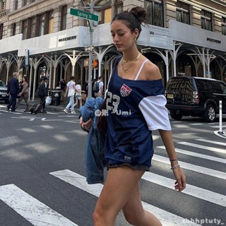 Girl💛 WHATIWEAR 復古運動風印花數字寬鬆斜肩上衣 撞色百搭球服T恤女潮blokette球衣