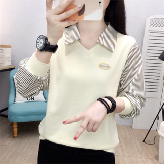 2024假兩件條紋襯衫女長袖秋季寬鬆小眾設計感拚接針織V領上衣