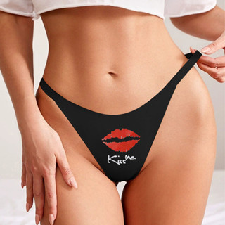 女士性感丁字褲,“kiss ME”字母嘴唇印花圖案一串舒適透氣彈力內褲,女士內衣和內衣 N198+R