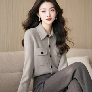 衣時尚上衣 針織外套 毛線衣 秋冬女裝 外套 新款雙口袋翻領灰色毛衣開襟衫輕熟風針織氣質外套上衣TBF19-2862.