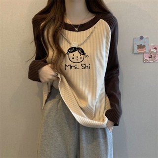 胖胖美依 上衣 長袖T卹 印花上衣 保暖 S-XL新款坑條撞色印花打底衫復古ins上衣-2514.