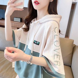 速髮現貨[店鋪熱銷]夏季拚色短款外套女薄款2025新款寬鬆韓版小個子百搭連帽短袖潮牌