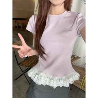 【HOT 本舖】 夏季韓版氣質芭蕾風蕾絲邊糖果色純棉短袖T恤上衣女