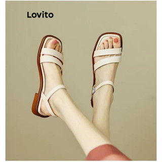 Lovito 休閒素色韓版簡約一字搭配法式低跟羅馬鞋平底涼鞋女 LFA70153