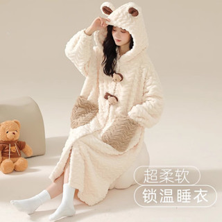 毛絨睡衣女冬季珊瑚絨加厚加絨秋冬長款睡袍可愛浴袍晨袍連帽睡裙