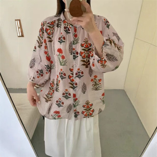 日系復古 天然薴麻印花七分袖 藝文清新甜美單排扣輕薄舒適百搭寬鬆上衣