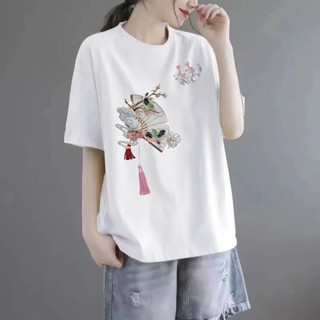 《現貨下單》夏季新中式純棉短袖t恤女寬鬆顯瘦民族風大尺碼胖mm中國風百搭上衣上衣女女 t恤短袖短袖t恤女短袖上衣短袖女韓
