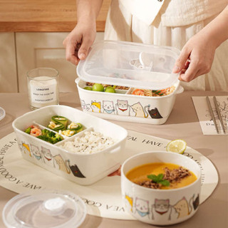 便當盒 便攜微波飯盒 tempat nasi 好多貓便當盒帶蓋便攜陶瓷餐具上班族專用分格保鮮飯盒微波爐加熱