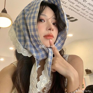 🎗甜Girl 蕾絲藍色格子三角頭巾 包頭夏季海邊拍照防曬髮帶法式復古田園絲巾 度假風防曬頭巾 法式髮帶 甜美髮飾