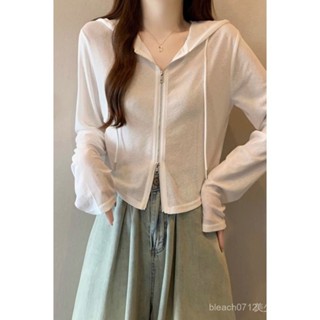 🌸限時特惠🌸優選 冰絲 網紗 長袖 防曬 開衫 女薄款 夏季 白色短款 小披肩 外搭 連帽 拉鏈 短款 防曬 氣質上衣