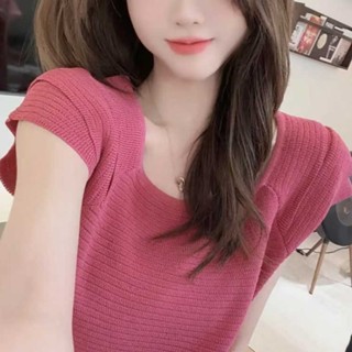 衣時尚 針織衫 上衣 短袖T卹 毛線衣 新款別緻拼接雙層飛飛袖冰絲針織衫女小個子修身方領上衣TAF02-D 1319