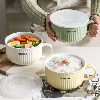 泡麵碗陶瓷 加熱泡麵碗 陶瓷湯碗飯碗帶蓋帶手柄可微波爐加熱專用保鮮便當盒泡麵碗釉下彩