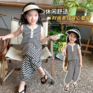 女童套裝 80-140cm 夏季時尚條紋套裝 女孩夏裝短袖上衣長褲 寶寶時髦韓版童裝