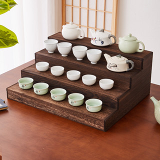 實木桌面小型博古架 茶壺架茶具收納架 中式茶器茶杯架置物架 階梯架