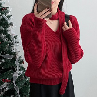 韓係ins秋冬季純色簡約溫柔氣質V領圍巾毛衣外套女長袖針織衫上衣