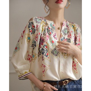 🌸臺灣熱銷🌸 【48%迴購率】春鞦女裝胖mm2025新款法式洋時尚氣民族風上衣定位印花穿搭襯衣女免運
