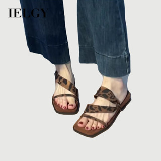 IELGY 女式法式坡跟露趾涼鞋豹紋人字拖