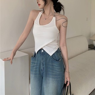 胖胖美依 上衣 胸罩 內搭 背心 吊帶 新款不規則掛脖性感露背無袖上衣帶胸墊設計感外穿吊帶背心-6731.