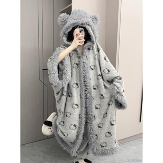 【限時免運】卡通凱蒂貓連帽睡衣女冬季新款珊瑚絨加厚女學生可外穿家居服睡袍 浴袍 睡袍 睡衣冬天 冬天睡袍