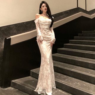 ✨輕奢高階小眾✨ 晚禮服 Ariel 蕾絲禮服 白色魚尾連衣裙 生日party洋裝 聚會禮服 尾牙禮服