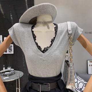 短袖T恤女 灰色v領正肩百搭韓版新款夏季時尚洋氣蕾絲邊顯瘦百搭上衣