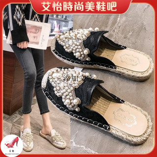 Fashion🎉35-43 大碼女鞋平底包頭半拖鞋女外穿時尚涼拖鞋41軟底珍珠漁夫鞋懶人鞋 時尚鞋 平底鞋 高跟鞋