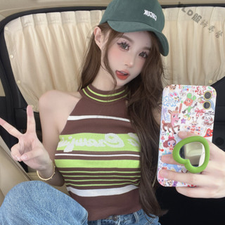 美式辣妹圓領掛脖針織背心條紋撞色提花字母上衣夏季新款打底吊帶