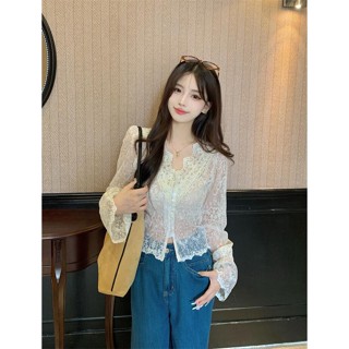 實拍法式蕾絲開衫百搭內搭打底大碼女裝秋季防曬襯衣獨美上衣小衫