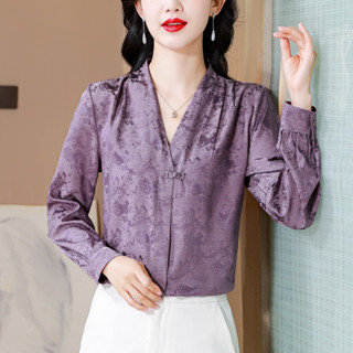 實拍國風提花長袖襯衫女春秋新款女士秋季緞麵襯衣媽媽秋裝上衣