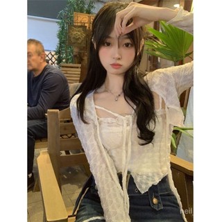 P3-[限時特賣] 綁帶上衣 罩衫外套 純慾風甜辣蕾絲套裝女春裝2022年新款弔帶上衣披肩罩衫時尚兩件套