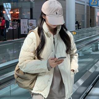 韓國ins複古氣質立領菱形格口袋簡約休閒保暖外套棉衣棉服女