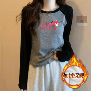 胖胖美依 上衣 長袖t卹 印花上衣 中大尺碼 發熱衣 保暖 m-3xl新款穿搭撞色插肩袖大碼德絨打底衫-2543.