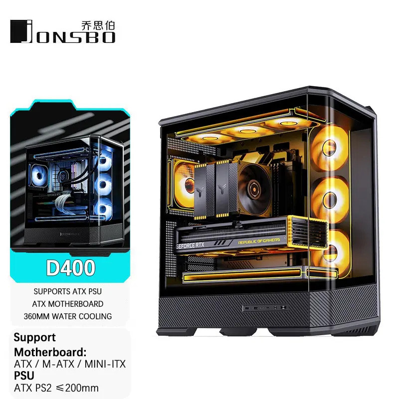 JONSBO D400 ATX海景房機箱（無柱曲麵玻璃/雙360 ° 散熱器/ATX PSU/10 個風扇插槽/Type