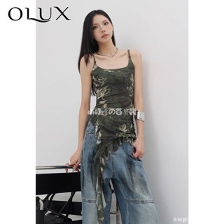 🖤廢土風吊帶上衣 OLUX荷葉拼接飄帶吊帶背心女 修身歐美辣妹設計感爆款潮牌打底上衣亞文化無袖上衣 辣妹上衣