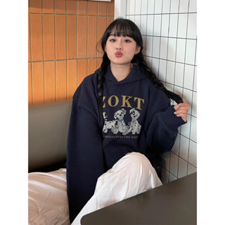 【兮奈喵喵】現貨 冬季女裝 美式復古大學t 卡通連帽衛衣女 秋冬加絨加厚大學t 設計感小眾大學t 小狗印花 帽t 大學t