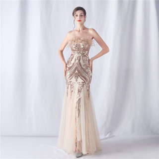 ParrotFashion新品鴕鳥毛定位花裁剪婚禮年會抹胸亮片網紗晚禮服