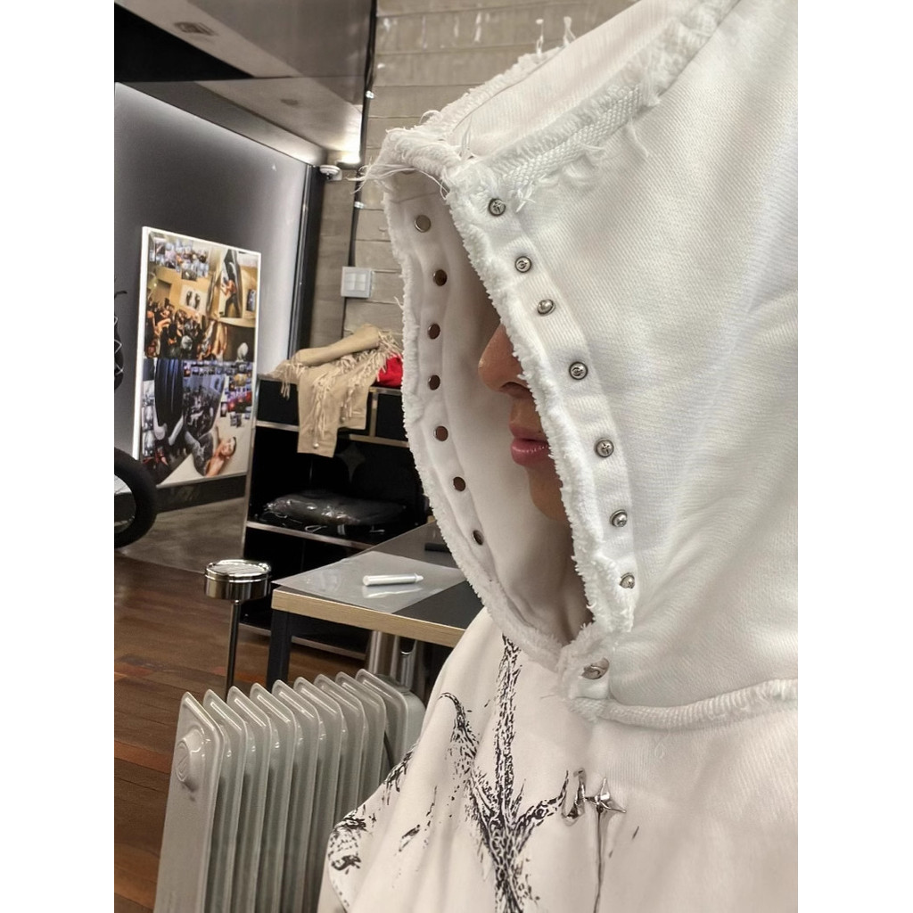 Thug club500克噁魔龍骨鉚釘排扣連帽衛衣男潮牌帽衫外套