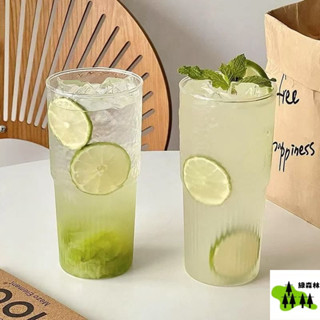 【店鋪熱銷】ins風大容量帶蓋帶吸管豎條紋玻璃杯高顔值冷飲杯果汁咖啡杯水杯