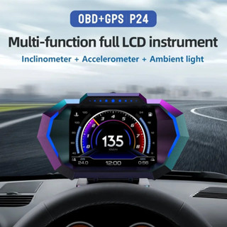 P24 OBD2+GPS HUD 汽車平視顯示器多功能智慧汽車係統速度計數字螢幕測斜儀 4x4 越野