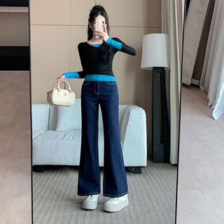 【HOT 本舖】 ~美式辣妹假兩件長袖t恤女撞色修身上衣+牛仔褲兩件套裝