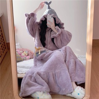 大碼中長款珊瑚絨睡衣冬季女款加絨加厚睡袍女冬長袍可愛鯊魚冬天