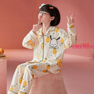 Vicky純棉兒童睡衣女孩春秋季兒童卡通長袖開衫中大童可外穿家居服套裝舒適純棉睡衣
