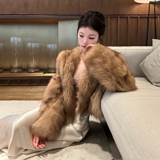 美式棕色環保皮草外套女2024冬季新款高階感時尚氣質名媛毛毛上衣