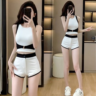 新品現貨運動套裝女時尚緊身炸街無袖背心上衣短褲休閒兩套20250503